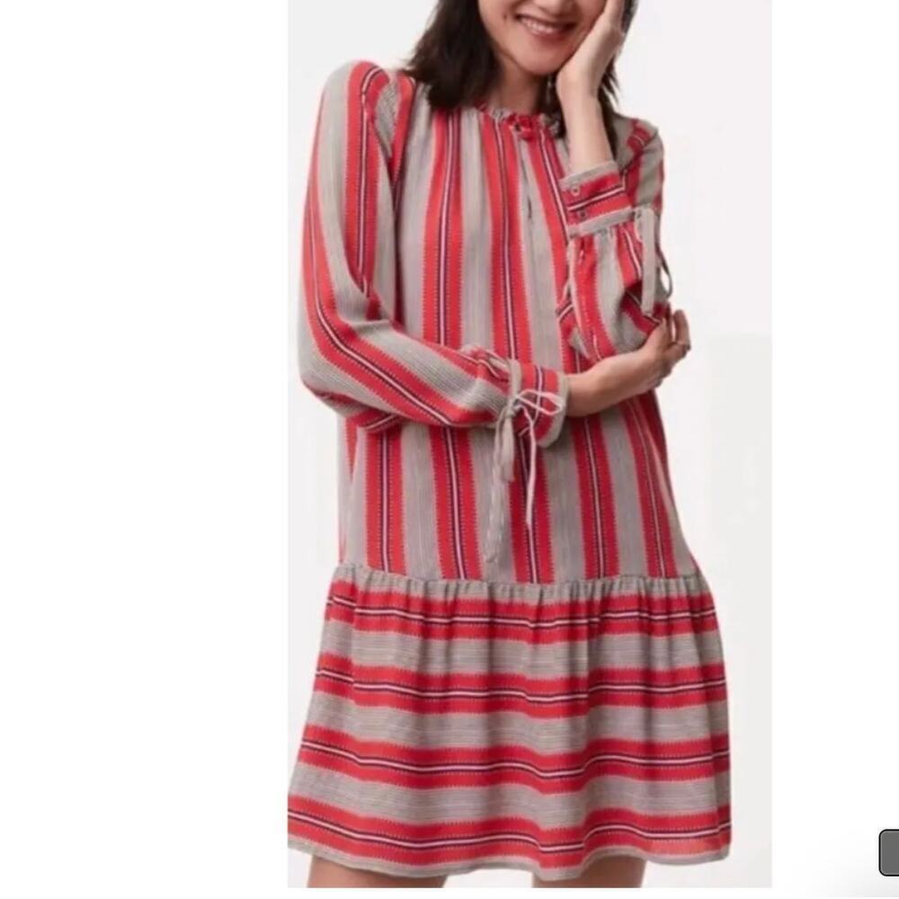 Loft Red Striped Flounce Drop Waist Long Sleeve Dress Size S